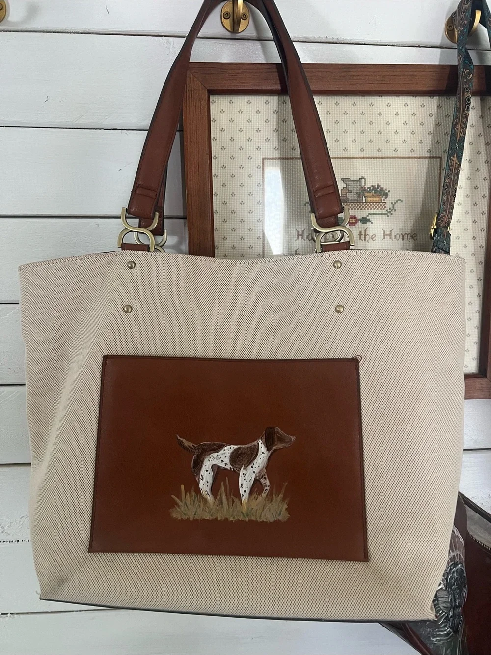 Canvas & Leather Dog Tote Bag in Cream and Brown